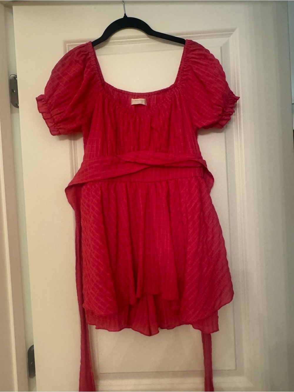 Altar'd State Girls Raspberry Puff-Sleeve Romper with Waist Sash